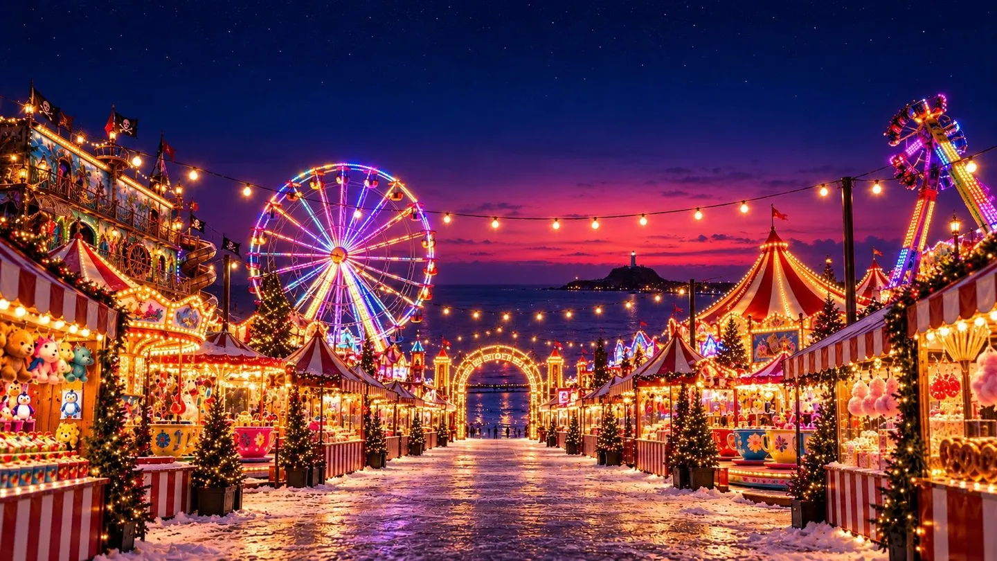 A winter fun fair at dusk: a snowy sideshow alley of lit stalls leads to an arch, a ferris wheel and the Nobbys Head lighthouse over the sea